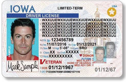 Sample driver's license showing Veteran designation