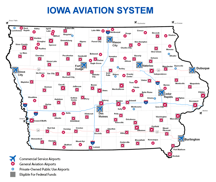 Iowa map showing airports eligible for Federal Funds