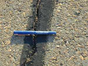 Close-up photo of a single medium-severity crack.  The crack is unsealed, and appears to be slightly larger than 1/4 in (6 mm) wide.            A ball point pen has been placed across the crack to give it scale.