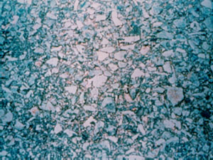 Close-up photo showing exposed aggregate at the pavement's surface.  The surface appears to be very smooth, and providing limited skid resistance.