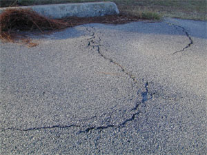 Close-up photo showing an upward bulge in the pavement surface near the pavement's edge.            The upward bulge is very noticeable due to a crack in the pavement surface at the apex of the bulge.