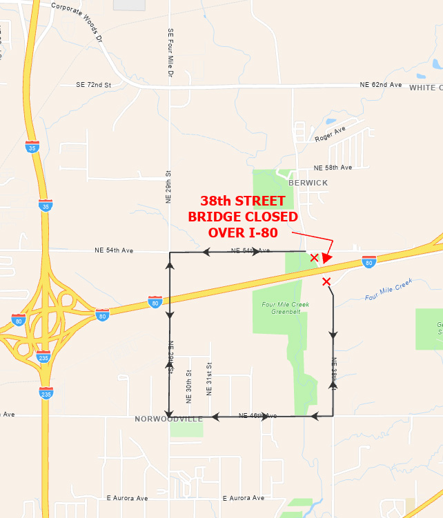 The 38th Street bridge over I-80 Detour