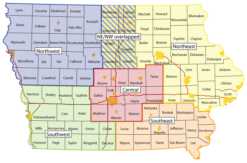 map of Iowa 511 Facebook regions