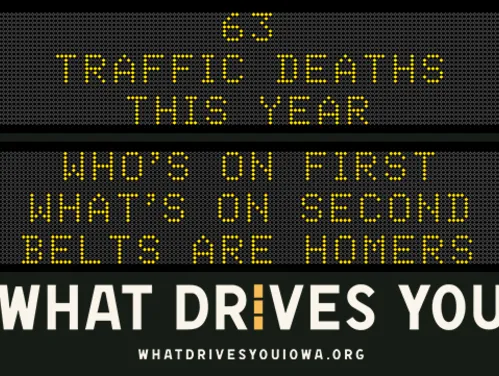 Message board reading WHO'S ON FIRST, WHAT'S ON SECOND, BELTS ARE HOMERS