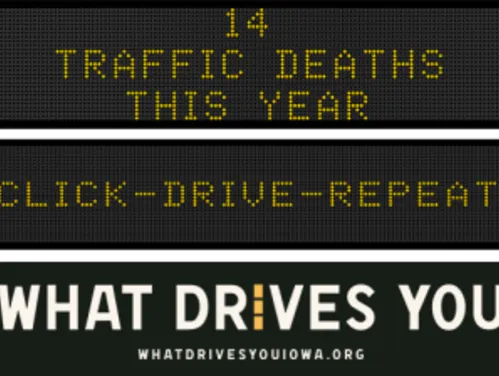 Traffic roadside graphic with text of the news article title.