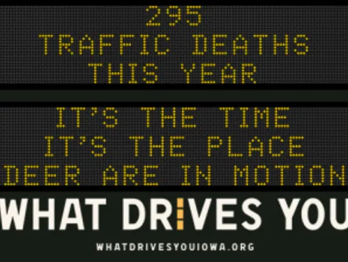 Traffic roadside graphic with text of the news article title.