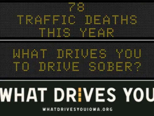 Traffic roadside graphic with text of the news article title.