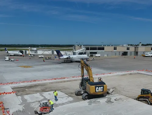 Commercial airplanes sit near the airport at Eastern Iowa Airport