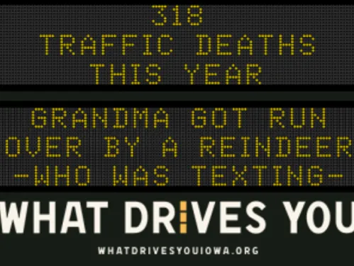 Traffic roadside graphic with text of the news article title.