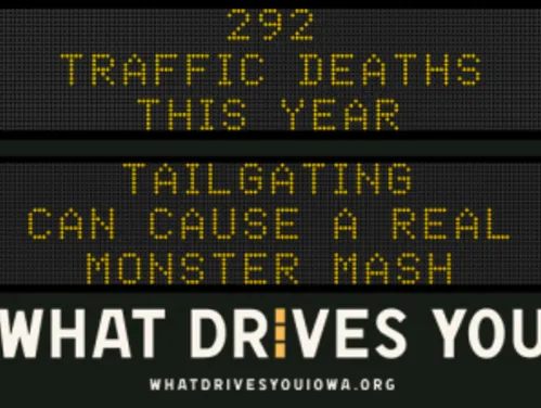 Traffic roadside graphic with text of the news article title.