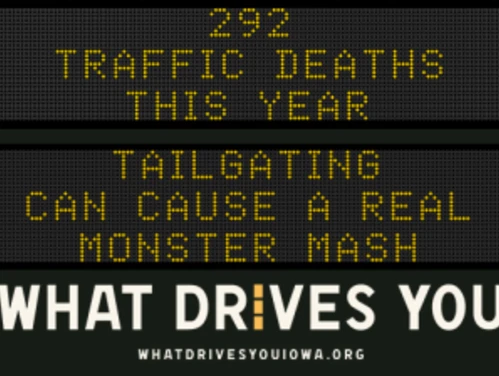 Traffic roadside graphic with text of the news article title.