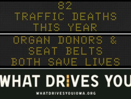 Traffic roadside graphic with text of the news article title.