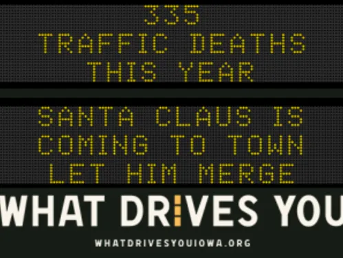 Traffic roadside graphic with text of the news article title.