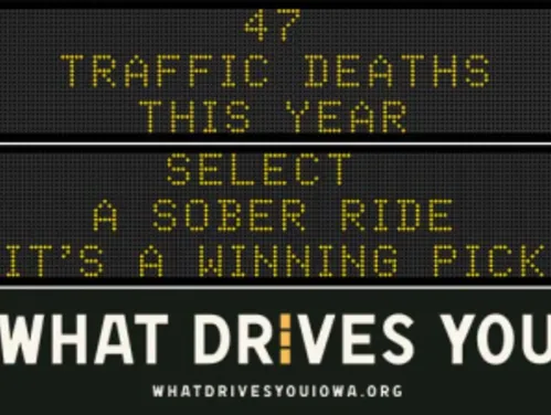 Traffic roadside graphic with text of the news article title.