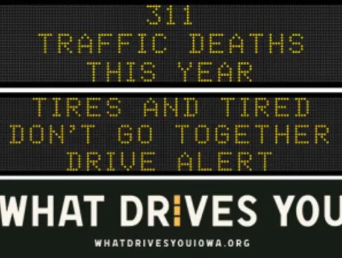 Traffic roadside graphic with text of the news article title.