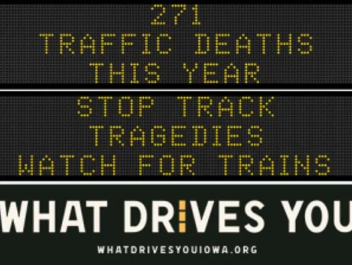 Traffic roadside graphic with text of the news article title.