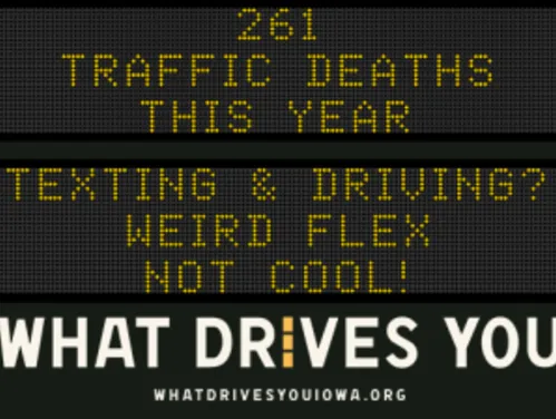 Traffic roadside graphic with text of the news article title.