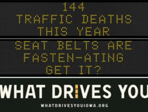 Traffic roadside graphic with text of the news article title.