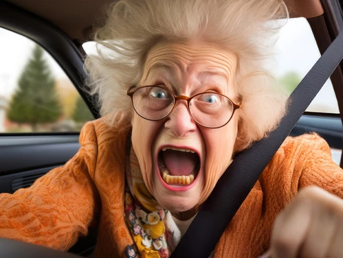 Older woman driver reacting to missing her exit