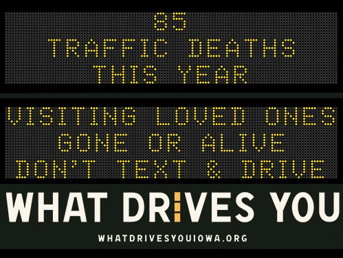 Roadside Chat text image of message 85 traffic deaths this year. Drive like mom - eyes in the back of your head."
