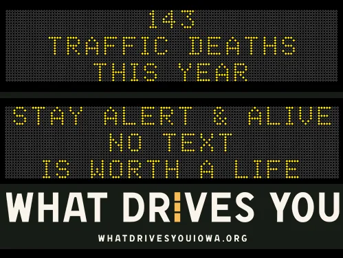 Roadside Chat text image of message "143 traffic deaths this year."