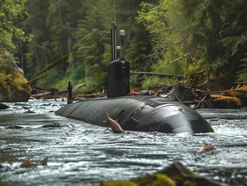 Submarine surfacing in a river