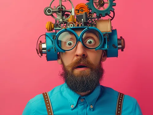 Confused IT manager wearing an odd mechanical inventor's hat