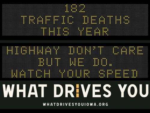 Roadside Chat text image of message 182 traffic deaths this year. Drive like mom - eyes in the back of your head."
