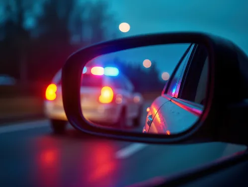 Rearview mirror with police car lights in the reflection