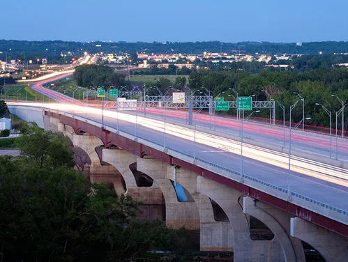 Council Bluffs Interstate System showing traffic driving in the evening