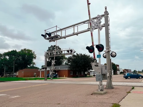 Rail crossing at Main Street and 2nd Street in Merrill, Iowa