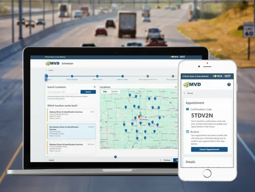 MVD 360 laptop and phone app screens with traffic photo in background.