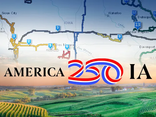 Artwork of Iowa map with America 250 logo