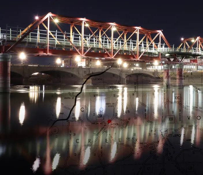 former Des Moines Union Railway bridge, now painted red and converted for pedestrian use