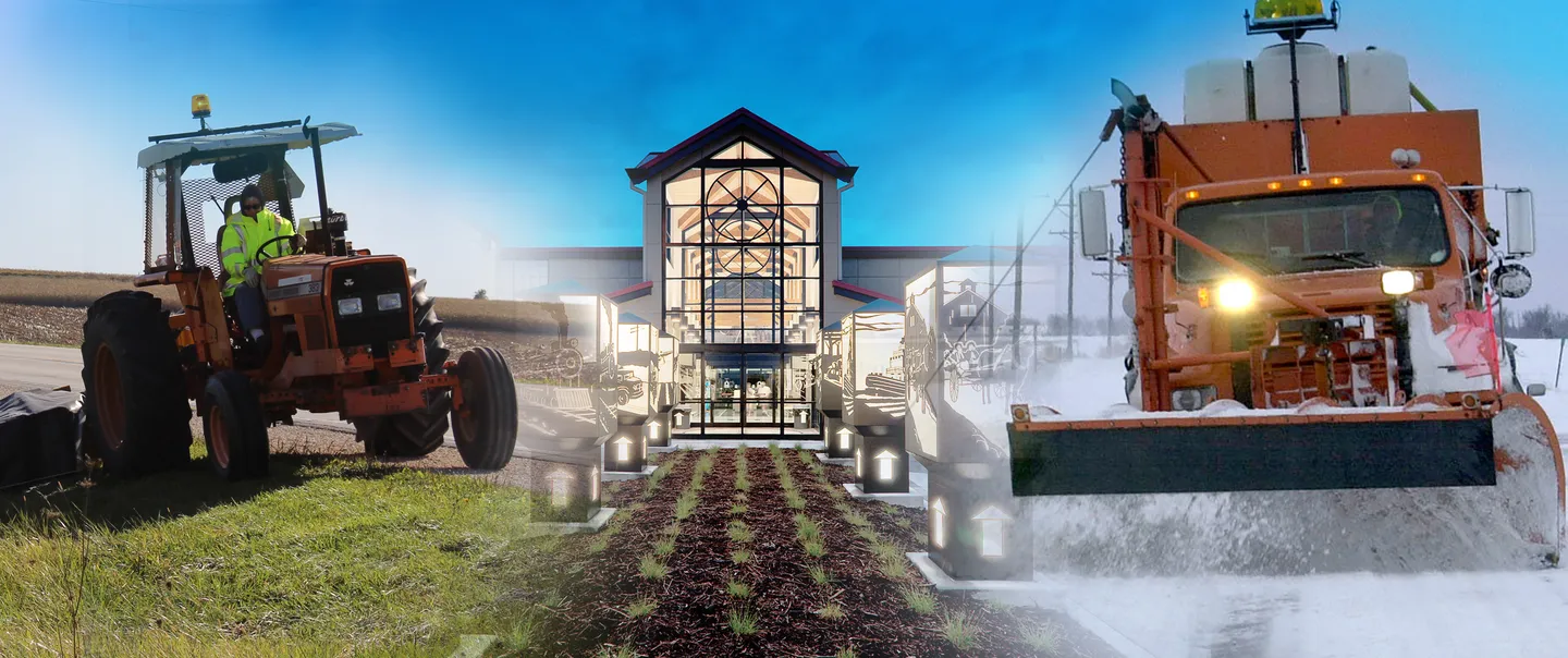 Tractor mowing, rest are, and snow plow moving snow