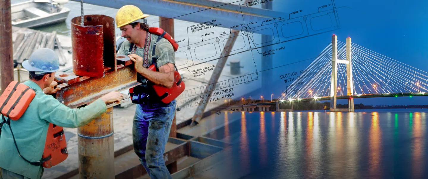 Men working on a bridge, bridge over river