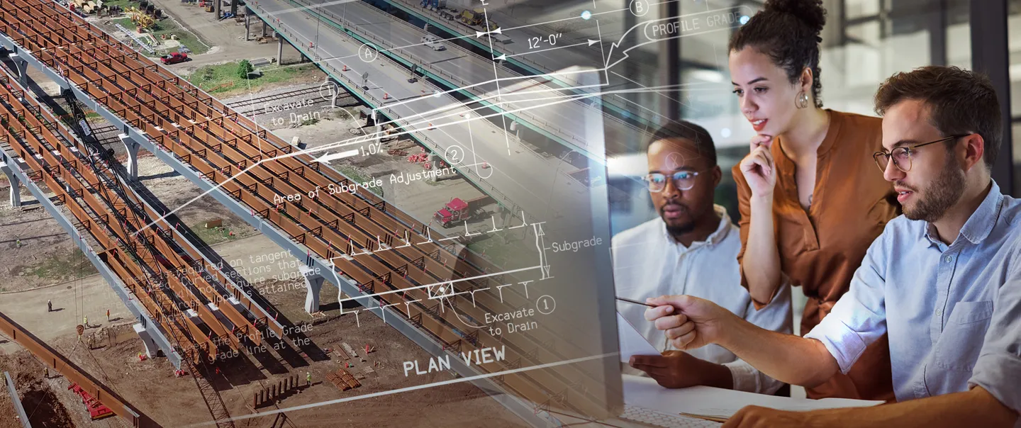 Bridge deck and people working on road design