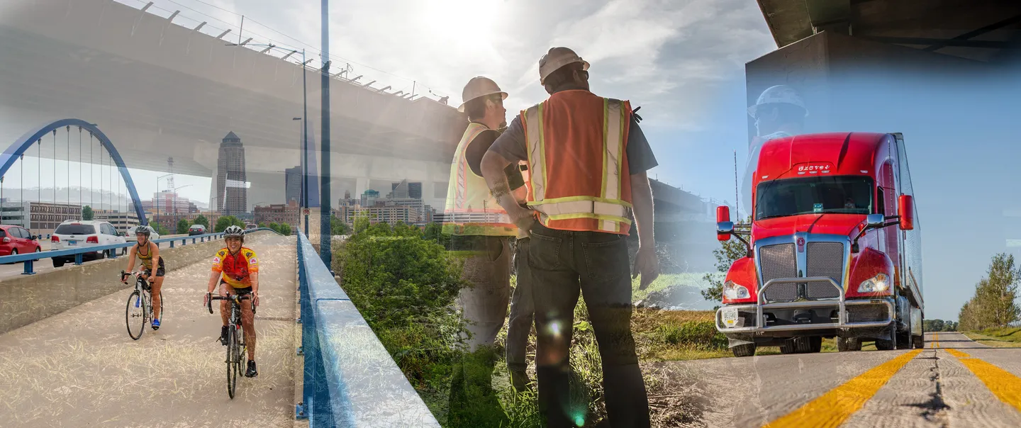 People riding their bicycle, construction workers working on a road, and a semi truck driving on a road