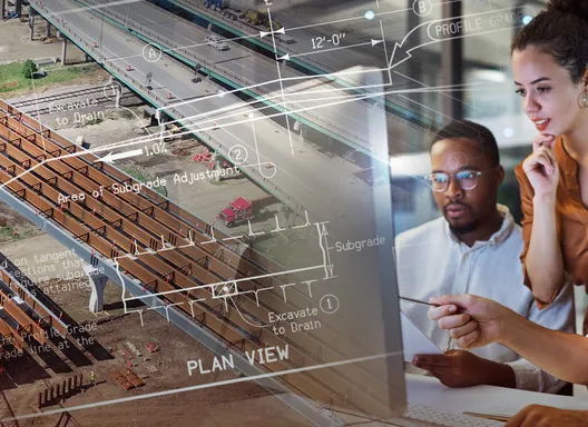 Bridge deck and people working on road design