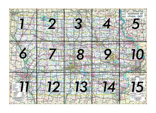 State of Iowa Transportation Map divided into 15 sections
