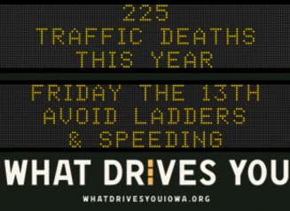 Traffic roadside graphic with text of the news article title.