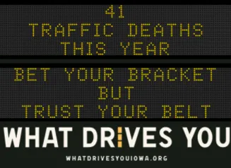 Traffic roadside graphic with text of the news article title.