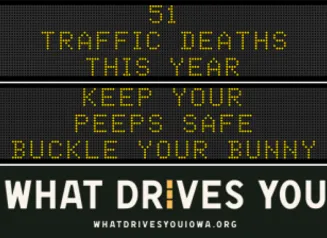 Traffic roadside graphic with text of the news article title.