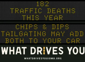Traffic roadside graphic with text of the news article title.