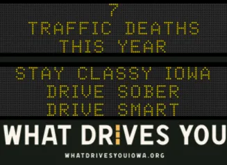 Traffic roadside graphic with text of the news article title.