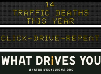 Traffic roadside graphic with text of the news article title.