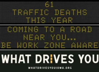 Traffic roadside graphic with text of the news article title.