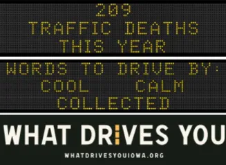 Traffic roadside graphic with text of the news article title.