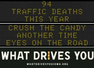 Traffic roadside graphic with text of the news article title.