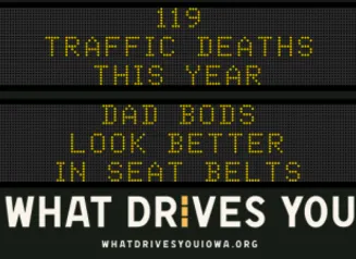 Traffic roadside graphic with text of the news article title.